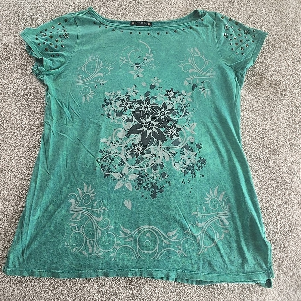 Suzie in the City Floral Studded Shirt Green Marbled Y2K Vibes Festival Size XL